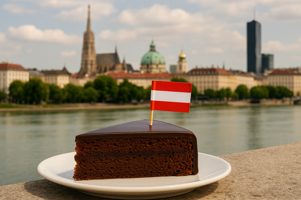 Sachertorte, Österreich Fahne, Donau im Hintergrund