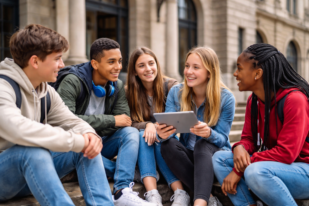 Schüler sitzen auf einer Treppe und diskutieren